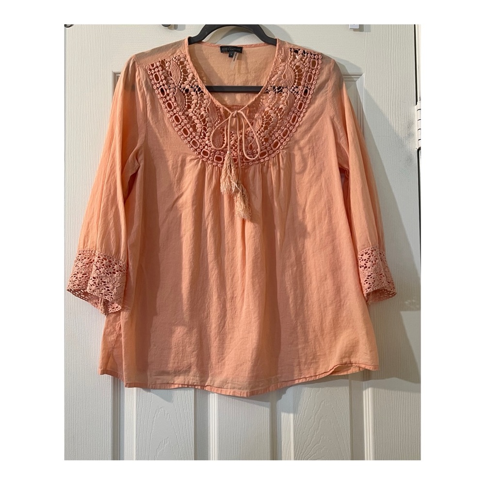 VINCE CAMUTO  Orange Asymmetrical Overlay, Long Sleeve Blouse
